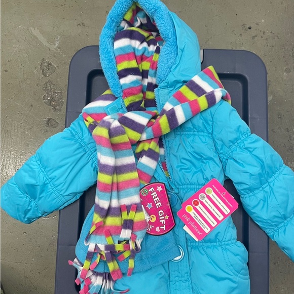 New Puffer Jacket with Hat and Rainbow Striped Scarf, Girls Size 4T - Aqua - Picture 1 of 10